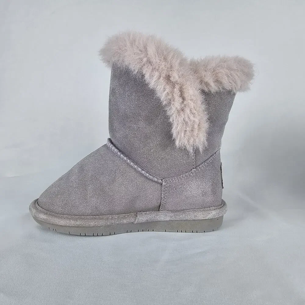 Bearpaw Betsey Girls Youth Size 11 Grey Suede Faux Fur Trim Winter Ankle Boots